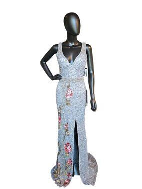 Pewter/Gold/Rose Full Bead V-Neck Fitted Maxi Formal/Gala/Prom Dress - Primavera